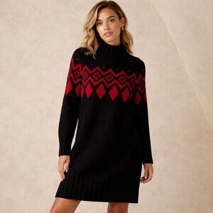 Banana Republic Sweater Dress Womens XL Adria Fair Isle Wool Yak Black Red
